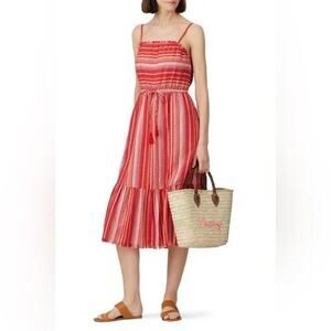 Casual Textured Striped Tiered Sleeveless Midi Dress XS Crinkle Tassels Greylin